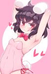  1girl :q animal_ears areolae armpits arms_behind_head black_hair blush breasts bunny_ears bunny_tail bunnysuit commentary_request covered_navel eyebrows_visible_through_hair heart highres inaba_tewi kibisake looking_at_viewer pink_background red_eyes short_hair small_breasts solo tail tongue tongue_out touhou 
