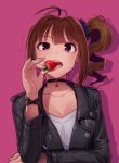  1girl ahoge arm_up black_jacket bracelet breasts choker cleavage collarbone drill_hair eyebrows_visible_through_hair food fruit holding holding_food idolmaster idolmaster_million_live! jacket jewelry kamille_(vcx68) large_breasts leather leather_jacket long_sleeves looking_at_viewer open_mouth pink_background scrunchie shirt short_hair side_drill simple_background solo star star_choker strawberry teeth upper_body white_shirt yokoyama_nao 