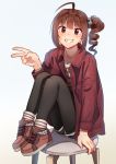  1girl ahoge arm_support black_legwear blush brown_hair coat drill_hair eyebrows_visible_through_hair grin idolmaster idolmaster_million_live! kamille_(vcx68) long_sleeves looking_at_viewer pantyhose parted_lips purple_eyes scrunchie shoes short_hair side_drill sitting smile sneakers solo stool teeth v yokoyama_nao 