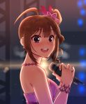 1girl ahoge bare_shoulders blush bracelet breasts brown_hair dress drill_hair earrings eyebrows_visible_through_hair flower_earrings from_side holding holding_microphone idolmaster idolmaster_million_live! idolmaster_million_live!_theater_days jewelry kamille_(vcx68) large_breasts looking_at_viewer microphone necklace open_mouth pink_dress purple_eyes short_hair side_drill smile solo sweat teeth yokoyama_nao 