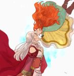  2girls boots cape circlet dress eyes_closed fire_emblem fire_emblem:_akatsuki_no_megami from_side hair_ornament hair_tubes hands_on_another&#039;s_cheeks hands_on_another&#039;s_face long_hair micaiah multiple_girls nintendo orange_hair sasaki_(dkenpisss) signature silver_hair simple_background turtleneck white_background yune 