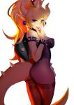 1girl arm_support ass bare_shoulders black_collar black_leotard black_nails blonde_hair blue_earrings blue_eyes bowsette bracelet breasts collar crown eyebrows_visible_through_hair fangs hair_between_eyes highres horns jewelry large_breasts leotard lips long_hair looking_at_viewer mario_(series) mini_crown nail_polish new_super_mario_bros._u_deluxe nintendo pointy_ears ponytail solo spiked_armlet spiked_bracelet spiked_collar spikes strapless strapless_leotard super_crown tail thighhighs 