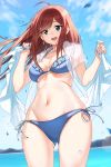  1girl :d ahoge bangs bikini blue_bikini blue_eyes blue_nails blue_ribbon blue_sky blush breasts brown_hair collarbone commentary_request cowboy_shot day eyebrows_visible_through_hair floating_hair frilled_bikini_top frills from_below glint gluteal_fold go-toubun_no_hanayome highres holding jewelry long_hair looking_at_viewer looking_down medium_hair mountainous_horizon nail_polish nakano_miku navel open_clothes open_mouth open_shirt outdoors petals ribbon round_teeth see-through short_sleeves side-tie_bikini single_earring sky smile solo stomach swimsuit teeth underboob upper_teeth water wind zhanzheng_zi 