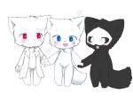  ambiguous_gender anthro black_fur black_sclera black_tail blue_eyes blush canid canine canis changed_(video_game) chano cloth cub digital_media_(artwork) dr._k_(changed) fur lin_(changed) mammal paws puro_(changed) red_eyes smile solo white_fur white_tail wolf young 
