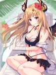  1girl amethyst_(gemstone) apple arm_across_waist arm_at_side bangs bare_shoulders bikini bikini_skirt black_bikini black_choker black_wings blonde_hair blush breasts chair choker cleavage closed_mouth collarbone commentary_request day eyebrows_visible_through_hair feet_out_of_frame flower food fruit gem granblue_fantasy hair_flower hair_ornament hand_on_own_arm hibiscus highres horns jewelry long_hair looking_at_viewer lounge_chair medium_breasts navel off_shoulder olivia_(fire_emblem) outdoors palm_leaf pendant pink_flower purple_eyes sitting smile solo swimsuit tsukiman very_long_hair wings yokozuwari 