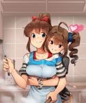  2girls ahoge apron black_shirt blue_eyes blush bow bra bra_strap bracelet breast_lift breasts brown_hair collarbone drill_hair eyes_closed grin hair_bow heart holding_ladle hug hug_from_behind idolmaster idolmaster_million_live! indoors jewelry kamille_(vcx68) ladle large_breasts looking_at_another looking_at_viewer multiple_girls parted_lips purple_eyes red_bow red_bra satake_minako scrunchie shirt short_hair short_ponytail short_sleeves side_drill smile teeth underwear yokoyama_nao 