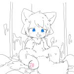  ambiguous_fluids ambiguous_gender anthro black_and_white blue_eyes blush canid canine canis changed_(video_game) chano cub digital_media_(artwork) door featureless_crotch fur goo_creature lin_(changed) mammal monochrome paws saliva sitting wet white_fur white_tail wolf young 