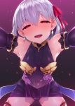  1girl armpits bangs bare_shoulders blush breasts commentary_request detached_sleeves dress earrings eyebrows_visible_through_hair fate/grand_order fate_(series) hair_between_eyes hair_ornament hair_ribbon half-closed_eyes jewelry kama_(fate/grand_order) looking_at_viewer navel panties purple_dress purple_panties red_eyes red_ribbon ribbon satou_kuuki see-through short_hair silver_hair simple_background sleeveless sleeveless_dress small_breasts smile solo standing thighhighs underwear upper_teeth white_hair 