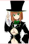  bangs black_headwear black_jacket blush bow bowtie breasts brown_hair center_opening closed_mouth commentary_request eyebrows_visible_through_hair frilled_sleeves frills green_bow green_eyes green_neckwear hair_ornament hairclip hako_roku hand_on_hip hat highres jacket large_breasts letterboxed long_sleeves looking_at_viewer navel no_bra original short_hair simple_background smile stomach striped striped_bow striped_neckwear top_hat underboob upper_body white_background 