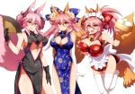  3girls afuro animal_ear_fluff animal_ears bare_shoulders bell bell_collar breasts cat_paws china_dress chinese_clothes cleavage collar dress fan fangs fate/extra fate/grand_order fate_(series) food fox_ears fox_girl fox_tail glasses gloves hair_ornament hair_ribbon jingle_bell koyanskaya large_breasts long_hair looking_at_viewer multiple_girls multiple_persona paw_gloves paw_shoes paws pink_hair ponytail ribbon shoes simple_background smile tail tamamo_(assassin)_(fate) tamamo_(fate)_(all) tamamo_cat_(fate) tamamo_no_mae_(fate) underboob white_background white_gloves white_legwear yellow_eyes 