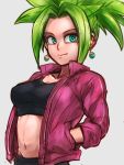  1girl black_bra black_pants blonde_hair bra breasts cleavage closed_mouth collarbone commentary_request dragon_ball dragon_ball_super earrings fusion grey_background hands_in_pockets jacket jewelry kefla_(dragon_ball) looking_at_viewer medium_breasts midriff navel open_clothes pants potara_earrings red_jacket smile solo spiked_hair sports_bra st62svnexilf2p9 stomach super_saiyan toned underwear 