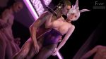  1girl 2boys animal_ears bare_shoulders battle_bunny_riven black_background black_legwear bottle breasts brown_eyes bunny_ears bunnysuit cleavage closed_mouth erection firolian highres large_breasts league_of_legends leotard lips looking_at_viewer multiple_boys nipples pantyhose patreon_username penis riven_(league_of_legends) short_hair silver_hair solo strapless strapless_leotard topless tray watermark web_address 