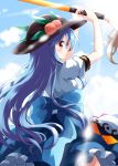  1girl arms_up blue_bow blue_hair blue_skirt blue_sky bow cloud day food from_behind fruit hat highres hinanawi_tenshi large_bow leaf light_rays long_hair looking_back outdoors peach puffy_short_sleeves puffy_sleeves red_eyes ruu_(tksymkw) shirt short_sleeves skirt sky smile solo sunbeam sunlight sword_of_hisou touhou very_long_hair white_shirt 