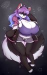  2019 anthro big_breasts breasts cleavage clothed clothing digital_media_(artwork) domestic_cat felid feline felis female hair hi_res huge_breasts inner_ear_fluff long_hair looking_at_viewer mammal nipple_outline open_mouth open_smile purple_eyes secretly_saucy shirt shorts signature smile solo tank_top 