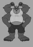  4_arms 6_toes anthro big_pecs bigroodraws clothed clothing greyscale male mammal monochrome multi_arm multi_limb multifur musclegut muscular muscular_male nipple_bulge overweight overweight_male pecs shorts smile solo ursine wolfang_blitz 