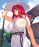  :/ annoyed areolae arm_up belt blush breasts covered_nipples day dress embarrassed food from_below fruit hat huge_breasts la_pucelle lens_flare mole mole_under_eye net nipples no_bra outdoors power_lines prier red_eyes red_hair ryoji_(nomura_ryouji) see-through solo standing sun_hat sundress sweatdrop telephone_pole third-party_edit watermelon white_dress 