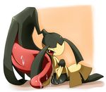  blush extra_mouth gen_3_pokemon licking mawile naughty_face no_humans pokemon pokemon_(creature) red_eyes saliva sitting skirt skirt_lift tongue ukan_muri 