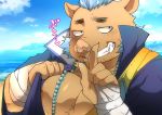  &lt;3 2019 anthro beach blush brown_fur fur gouryou humanoid_hands japanese_text kakitsubata0510 male mammal mohawk moobs nipples overweight overweight_male rope seaside solo suid suina sus_(pig) teeth text tokyo_afterschool_summoners video_games water wild_boar 