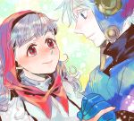  1boy 1girl blue_eyes closed_mouth commentary_request dragon_quest dragon_quest_ii dress goggles goggles_on_headwear hood hood_up k_kymz long_hair prince_of_lorasia princess_of_moonbrook purple_hair red_eyes 