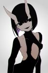  1girl :d alternate_eye_color alternate_hair_color bangs black_eyes black_hair breasts covered_collarbone esu_(transc) fangs fate/grand_order fate_(series) gradient gradient_background looking_at_viewer no_nose oni oni_horns open_mouth short_hair shuten_douji_(fate/grand_order) small_breasts smile solo turtleneck 