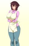  1girl apron blush breasts brown_eyes brown_hair denim gabayo jeans large_breasts looking_at_viewer majin_bone mature pants pink_shirt shimatani_kiyoko shirt short_hair simple_background solo yellow_background 