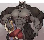  anthro ball_fondling balls big_balls big_penis canid canine canis domestic_dog duo erection fondling huge_muscles humanoid_penis male male/male mammal muscular muscular_male nude oldshep pecs penis pubes retracted_foreskin size_difference standing uncut wolf 