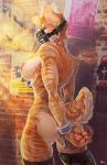  anthro breasts butt clothing felid feline female handcuffs hands_behind_back hi_res jesusy legwear mammal muzzle_(object) nipples shackles solo thigh_gap thigh_highs 