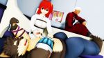  3d_(artwork) anthro archer_(fate) belly belly_rub big_belly blush canid canine canis clothed clothing digital_media_(artwork) domestic_dog fate_(series) female human jealous lying male malicekira mammal moritaka open_mouth overweight scar slightly_chubby smile tickling tokyo_afterschool_summoners topless video_games 