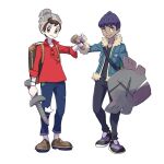  2boys bag beanie black_pants black_shirt blue_jacket brown_eyes brown_footwear brown_hair cable_knit clenched_hand closed_mouth commentary_request dark-skinned_male dark_skin denim duffel_bag dynamax_band fur-trimmed_jacket fur_trim green_bag grey_headwear hand_up hat holding hop_(pokemon) jacket jeans m_hk_a male_focus multiple_boys open_clothes open_jacket pants plaid pokemon pokemon_(game) pokemon_swsh purple_hair red_shirt rusted_shield_(pokemon) rusted_sword_(pokemon) shirt shoes short_hair simple_background sleeves_past_elbows sleeves_rolled_up smile split_mouth standing suitcase torn_clothes torn_jeans torn_pants victor_(pokemon) white_background yellow_eyes 