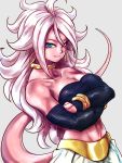  1girl android_21 bandeau bare_shoulders blue_eyes bracelet breasts cleavage closed_mouth collarbone commentary_request crossed_arms curly_hair detached_sleeves dragon_ball dragon_ball_fighterz earrings grey_background harem_pants hoop_earrings jewelry long_hair looking_at_viewer majin_android_21 medium_breasts navel neck_ring pants pink_skin ring smile solo st62svnexilf2p9 tail very_long_hair white_hair white_pants 