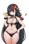  1girl azur_lane bikini black_bikini black_hair blue_eyes breasts carrot closed_mouth commentary cowboy_shot deutschland_(azur_lane) english_commentary eyebrows_visible_through_hair fang_out flower front-tie_bikini front-tie_top gluteal_fold hair_flower hair_ornament halterneck hand_on_hip hibiscus highres long_hair medium_breasts mole_on_body multicolored_hair navel romana scrunchie side-tie_bikini sidelocks simple_background smile solo streaked_hair swimsuit thigh_gap thighs very_long_hair white_background wrist_scrunchie 
