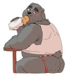  2019 anthro belly black_nose blush bread butt clothing eating food hi_res hugo_(jumperbear) jockstrap jumperbear male mammal overweight overweight_male shirt simple_background sitting solo underwear ursid white_background 