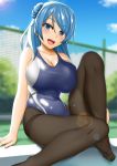  1girl abukobato black_legwear blue_eyes blue_hair blue_sky blue_swimsuit blurry breasts bush chain-link_fence cleavage cloud competition_swimsuit day depth_of_field double_bun feet feet_out_of_frame fence full_body highres kantai_collection large_breasts lens_flare long_hair looking_at_viewer medium_hair no_shoes one-piece_swimsuit open_mouth outdoors pantyhose pantyhose_under_swimsuit sitting sky smile solo swimsuit thighband_pantyhose toes urakaze_(kantai_collection) 