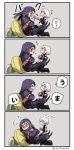  /\/\/\ 1boy 1girl 4koma :d asaya_minoru bandage bandaged_arm bandages bangs bare_shoulders black_gloves black_legwear black_shirt blue_hair comic crossed_arms cu_chulainn_alter_(fate/grand_order) eating eyebrows_visible_through_hair facial_mark fate/grand_order fate_(series) feeding fingerless_gloves gloves hair_between_eyes hair_strand holding hood hood_up jack_the_ripper_(fate/apocrypha) lancer legs_crossed long_hair navel open_mouth pillow profile sharp_teeth shirt silver_hair single_glove sitting sleeveless sleeveless_shirt smile surprised teeth thighhighs translation_request twitter_username 