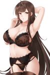  1girl :o absurdres ahoge alternate_costume arm_behind_head arm_up armpits aslindsamure bangs bare_shoulders black_bra black_legwear black_panties blunt_bangs blush bra breasts brown_hair cameltoe cleavage collarbone cowboy_shot curvy dsr-50_(girls_frontline) eyebrows_visible_through_hair garter_belt garter_straps girls_frontline hair_between_eyes half-closed_eyes hand_up highres hip_focus large_breasts lingerie long_hair looking_at_viewer navel paid_reward panties patreon_reward red_eyes sidelocks simple_background skindentation solo stomach thighhighs underwear underwear_only very_long_hair white_background 