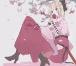  1girl ahoge bangs black_bow blonde_hair blurry boots bow brown_eyes brown_footwear cherry_blossoms commentary_request covered_mouth dress fate/grand_order fate_(series) flower hakama high_heel_boots high_heels highres holding holding_flower japanese_clothes katana kimono looking_at_viewer obi okita_souji_(fate) okita_souji_(fate)_(all) origami paper_crane petals pink_kimono red_hakama sash sheath sheathed short_hair simple_background sitting solo sword twitter_username weapon white_background yurumawari 
