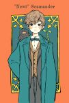  1boy animal animal_on_shoulder aqua_jacket arm_behind_back blue_neckwear blush border bow bowtie bowtruckle brown_hair character_name cowboy_shot expressionless eyebrows_visible_through_hair fantastic_beasts_and_where_to_find_them freckles highres jacket leaf long_sleeves looking_at_viewer male_focus newt_scamander niffler orange_border sakura_szm short_hair solo 