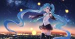  1girl :d black_skirt blue_eyes blue_hair blue_neckwear breasts city city_lights cityscape cowboy_shot detached_sleeves eyebrows_visible_through_hair floating_hair hanako151 hatsune_miku headset long_hair looking_at_viewer nebula necktie night night_sky open_mouth outdoors outstretched_arms round_teeth shirt shooting_star skirt sky sleeveless sleeveless_shirt small_breasts smile solo star_(sky) starry_sky teeth thighhighs thighs twintails upper_body upper_teeth very_long_hair vocaloid white_shirt wide_shot 