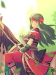  1girl arrow bandanna black_gloves boots bow_(weapon) brown_footwear dress expressionless fingerless_gloves fire_emblem fire_emblem:_fuuin_no_tsurugi gloves green_eyes green_hair headband highres horse horseback_riding long_hair looking_at_viewer nintendo nishimura_(nianiamu) pants plant quiver riding sash short_sleeves shoulder_armor solo straight_hair sue_(fire_emblem) weapon 