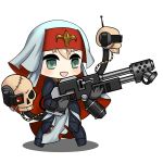  1girl absurdres adepta_sororitas aqua_eyes blonde_hair body_armor chibi drone flamethrower girls_frontline gloves habit highres moonface nun parody pauldrons shadow skull solo warhammer_40k weapon 