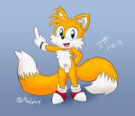  2019 alonwoof animal_genitalia animal_penis anthro balls canid canine casual_nudity clothing digital_media_(artwork) english_text fluffy fluffy_tail footwear fox fur gloves hi_res looking_at_viewer male mammal miles_prower multi_tail nude open_mouth penis sheath shoes simple_background smile solo sonic_(series) text video_games white_fur yellow_fur 