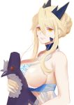  1girl absurdres artoria_pendragon_(all) artoria_pendragon_(lancer_alter) babydoll bare_shoulders blonde_hair braid breasts choker closed_mouth commentary_request dark_persona fate/grand_order fate_(series) french_braid hair_between_eyes hair_bun highres jewelry large_breasts lingerie long_hair looking_at_viewer necklace revealing_clothes royal_icing sakupannda06o see-through sideboob sidelocks smile solo underwear yellow_eyes 