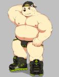  2019 absurd_res anthro belly bhtoss bulge clothing cute_fangs fur hat hi_res humanoid_hands jockstrap male mammal moobs navel nipples overweight overweight_male polar_bear simple_background solo underwear ursid ursine white_fur 