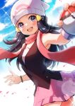  1girl :d beanie black_hair blush cloud commentary_request dawn_(pokemon) day eyelashes floating_scarf grey_eyes hair_ornament hairclip hat highres holding holding_poke_ball lens_flare long_hair looking_to_the_side open_mouth outdoors pink_skirt piroshiki123 poke_ball poke_ball_(basic) pokemon pokemon_(game) pokemon_dppt scarf shiny shiny_hair shirt skirt sky sleeveless sleeveless_shirt smile solo sparkle teeth upper_teeth white_headwear 