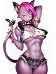  1girl animal_ears arm_up armlet armpits bare_shoulders blush bracelet breasts cameltoe cat_ears cat_tail collar commentary curvy denim denim_shorts earrings erect_nipples fumio_(rsqkr) furry gold_bracelet highres hip_focus jewelry looking_at_viewer medium_breasts monster_prom pink_bracelet pink_hair purple_skirt short_hair shorts simple_background skirt solo spiked_bracelet spiked_collar spikes tail thick_thighs thighs undercut valerie_(monster_prom) whiskers white_background wide_hips 
