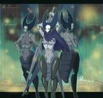  arthropod big_breasts black_eyes breasts butt cloak clothing digital_media_(artwork) featureless female group hollow_knight insect insect_abdomen invalid_background mantis mantis_lord melee_weapon nipples non-mammal_breasts nude pussy vuko-jebina weapon 