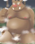  2019 anthro bake_gosut balls bathing belly blush brown_fur flaccid fur humanoid_hands humanoid_penis male mammal moobs nipples overweight overweight_male penis solo suid suina sus_(pig) tusks water wild_boar 