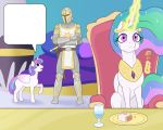 2019 anon arareroll armor cake eating equid feathered_wings feathers female feral flurry_heart_(mlp) food friendship_is_magic group hair hi_res horn human inside jewelry magic mammal melee_weapon multicolored_hair my_little_pony necklace princess_celestia_(mlp) sword weapon winged_unicorn wings 