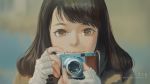  1girl artist_name bangs blurry blurry_background brown_eyes brown_hair camera commentary_request dated fingerless_gloves gloves highres holding holding_camera light_particles looking_at_viewer medium_hair original portrait self_shot smile solo swept_bangs white_gloves wudi_sao_nian 