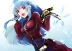  1girl artist_request belt blue_hair bodysuit breasts chaps cropped_jacket gloves group_sex ice jacket kula_diamond long_hair looking_at_viewer medium_breasts red_eyes smile solo the_king_of_fighters the_king_of_fighters_xiv zipper 